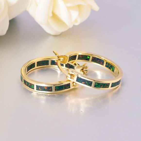 14K Yellow Gold with Genuine Black Fire Opal Round Latch Back Hoop Earrings - Picture 3 of 5